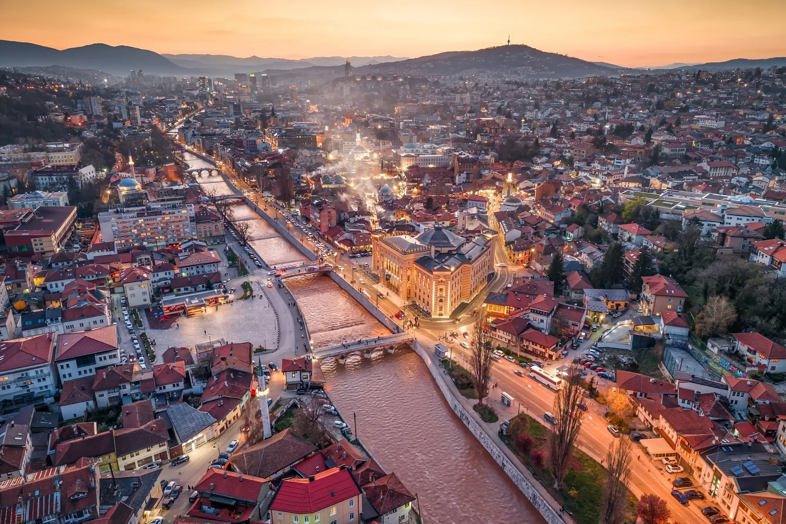 Sunset over Sarajevo and the Miljacka River