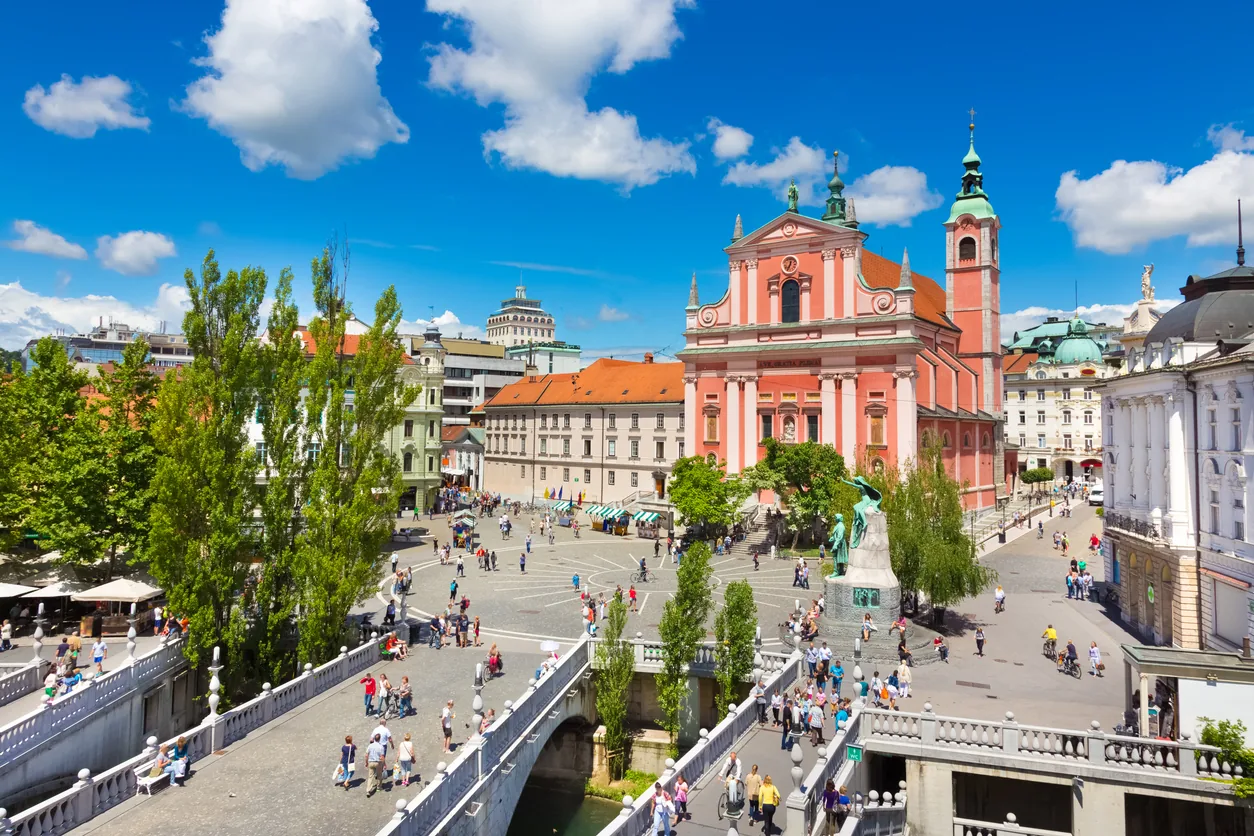 Ljubljana’s Triple Bridge and colourful riverside architecture