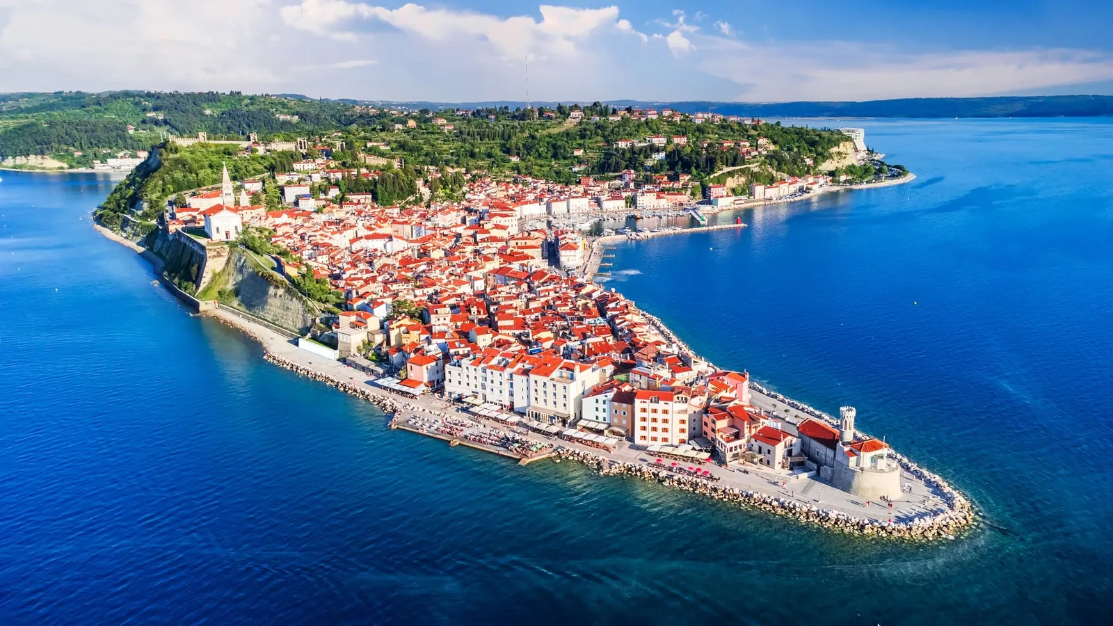 Piran’s old town extending into the Adriatic Sea
