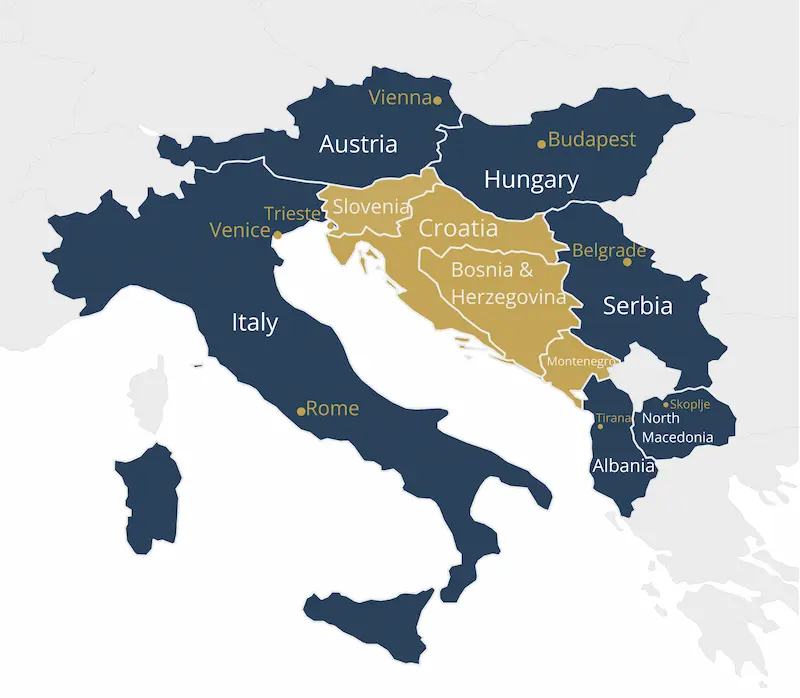 Adriatic region map - Croatia, Slovenia, Bosnia, Montenegro, Italy and Balkans luxury travel destinations