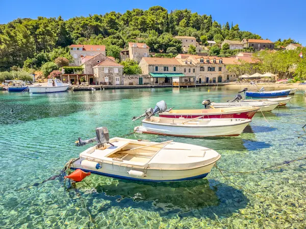 Sudurad Elaphiti Islands Croatia - traditional fishing boats in crystal clear bay