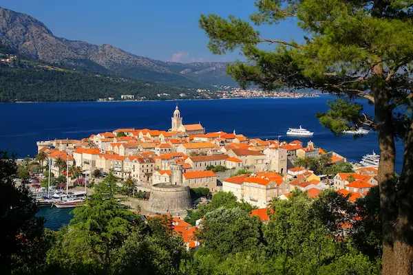 Korčula town Croatia - fortified medieval town with orange rooftops and bell tower
