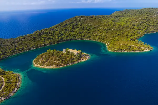Mljet National Park Croatia - aerial view of lakes with St Mary monastery island