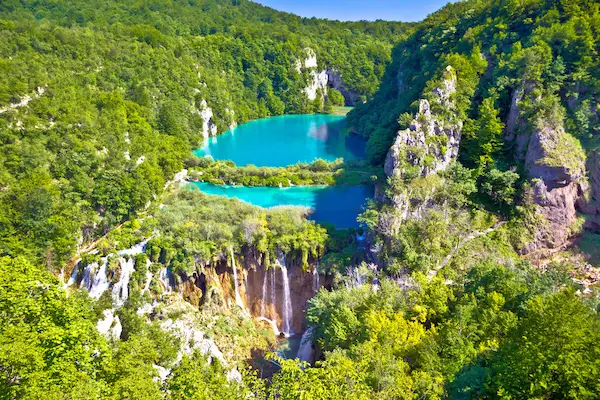 Plitvice Lakes National Park Croatia - UNESCO cascading waterfalls and turquoise emerald lakes surrounded by forest
