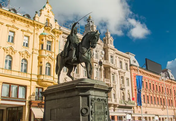Ban Jelačić Square Zagreb Croatia - central square with statue and colorful historic buildings