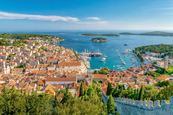 Hvar town harbor with Pakleni Islands Croatia