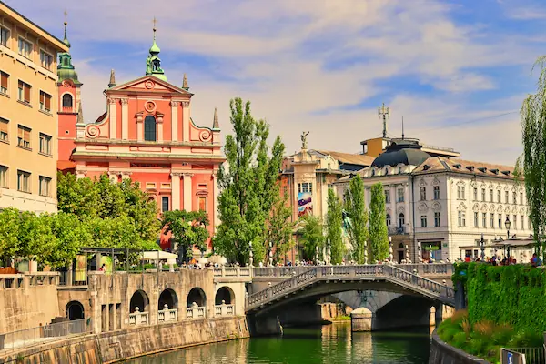 Ljubljana Franciscan Church and Ljubljanica River Slovenia