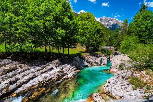 Soča River emerald turquoise water Julian Alps Slovenia