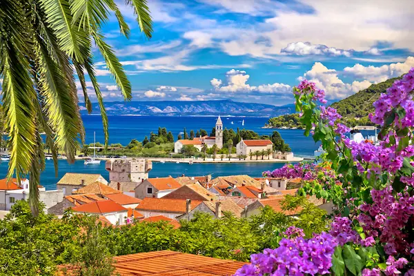 Vis Island scenic viewpoint with flowers Croatia